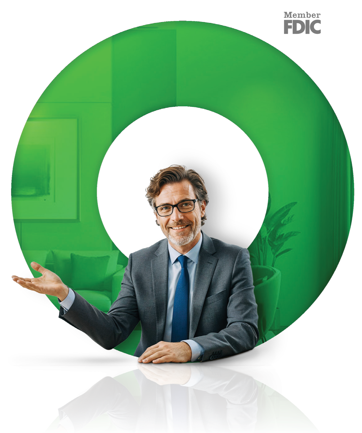 Smiling businessman in a suit gesturing in front of a large green circular graphic with “Member FDIC” text.